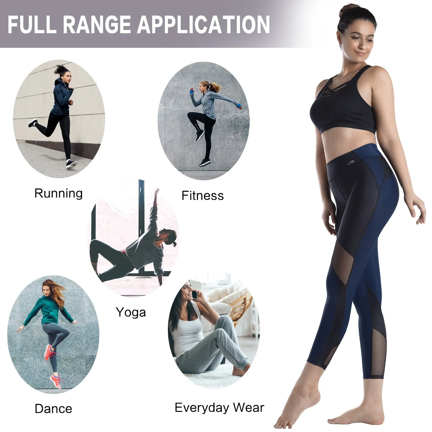 Womens Running Tights Mid-Waist 3/4 Length Tummy Control Mesh Leggings