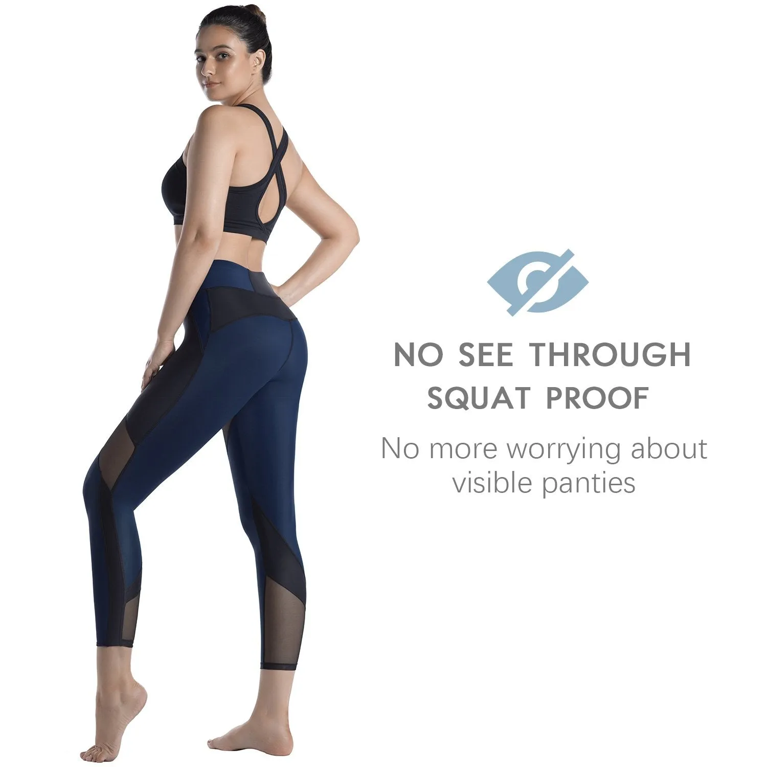 Womens Running Tights Mid-Waist 3/4 Length Tummy Control Mesh Leggings