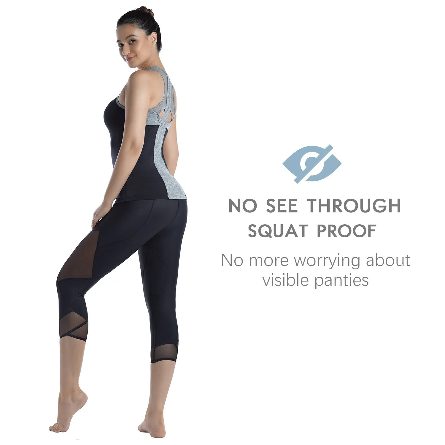 Womens Running Tights Mid-Waist 3/4 Length Tummy Control Mesh Leggings