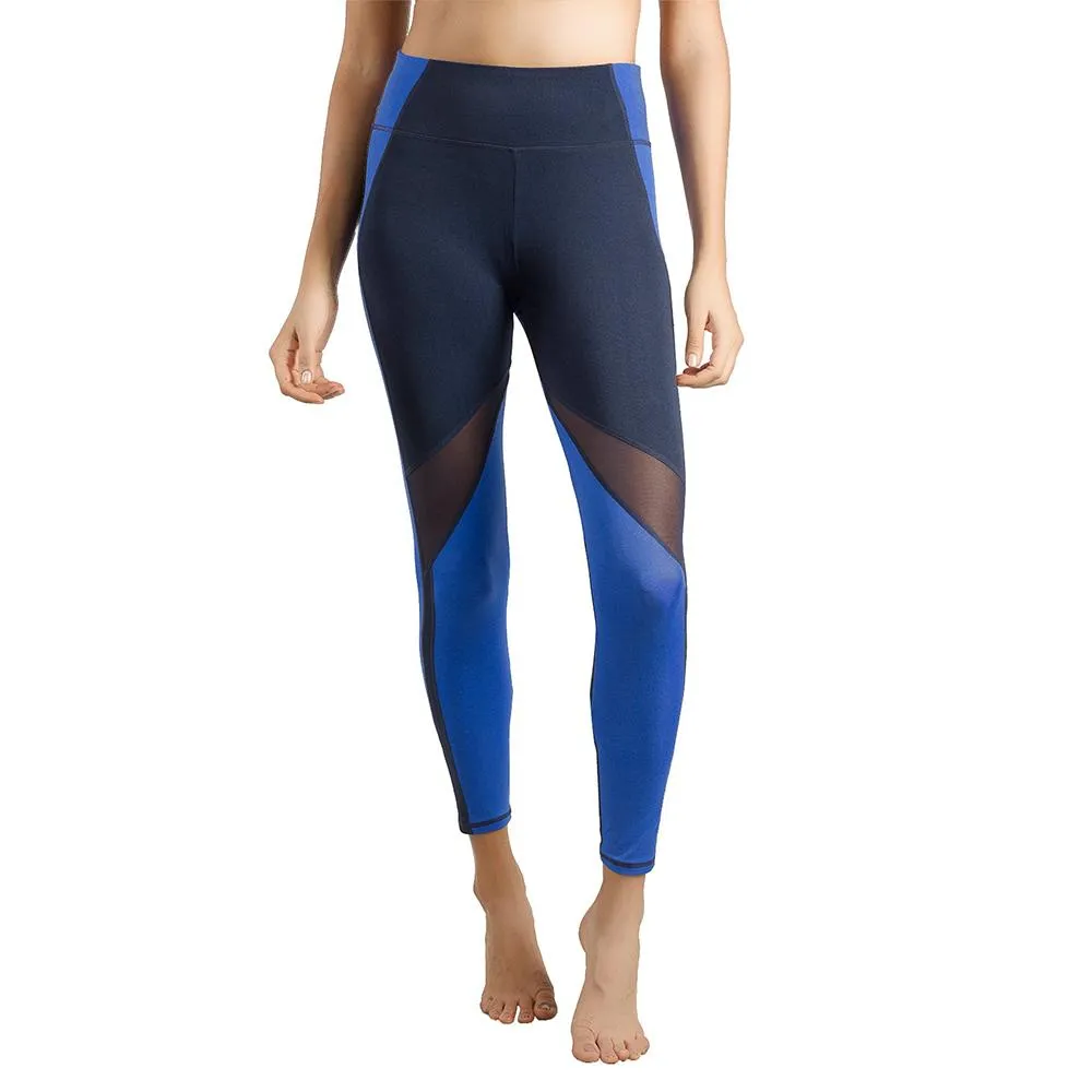 Womens Running Tights Mid-Waist 3/4 Length Tummy Control Mesh Leggings