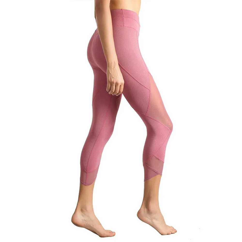 Womens Running Tights Mid-Waist 3/4 Length Tummy Control Mesh Leggings