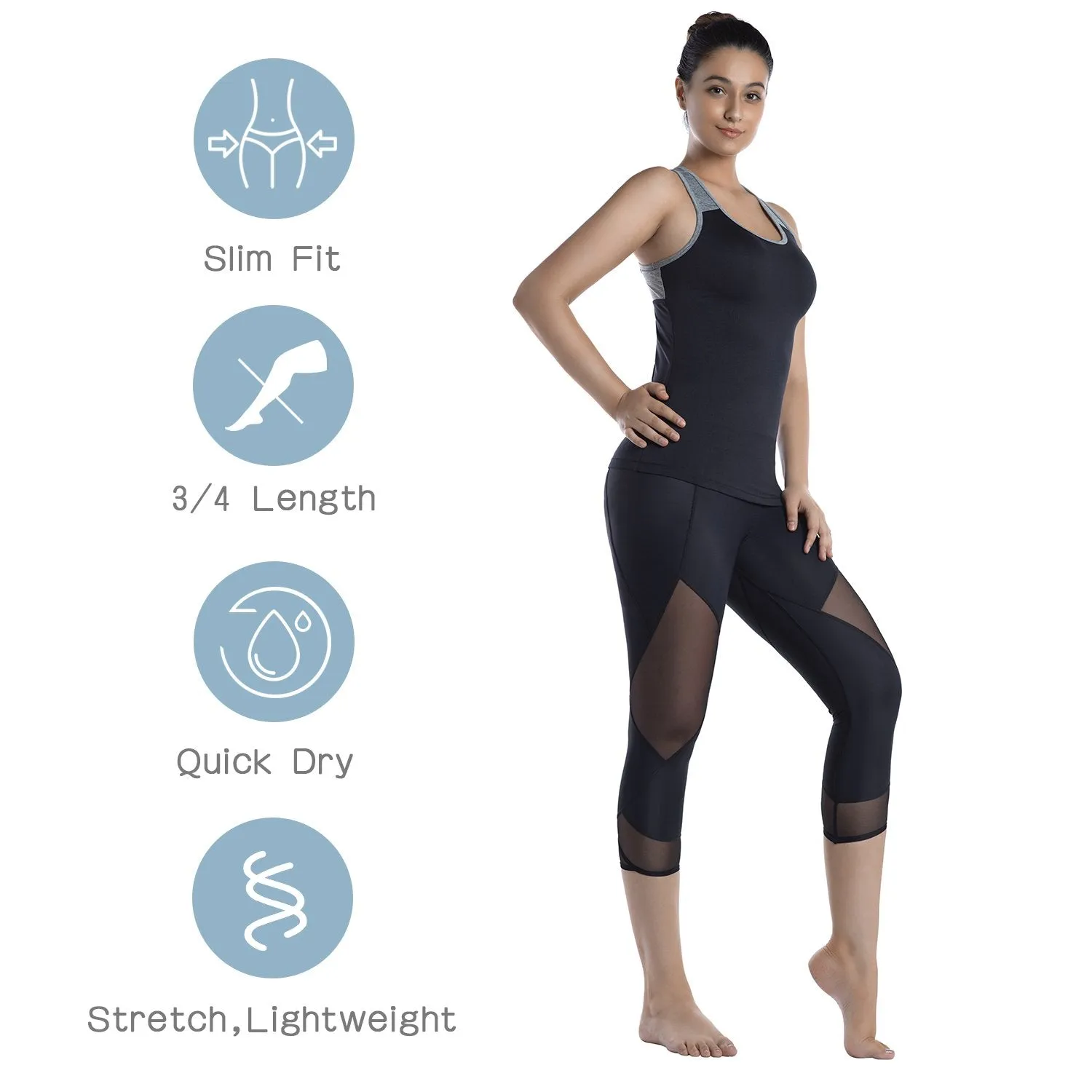 Womens Running Tights Mid-Waist 3/4 Length Tummy Control Mesh Leggings
