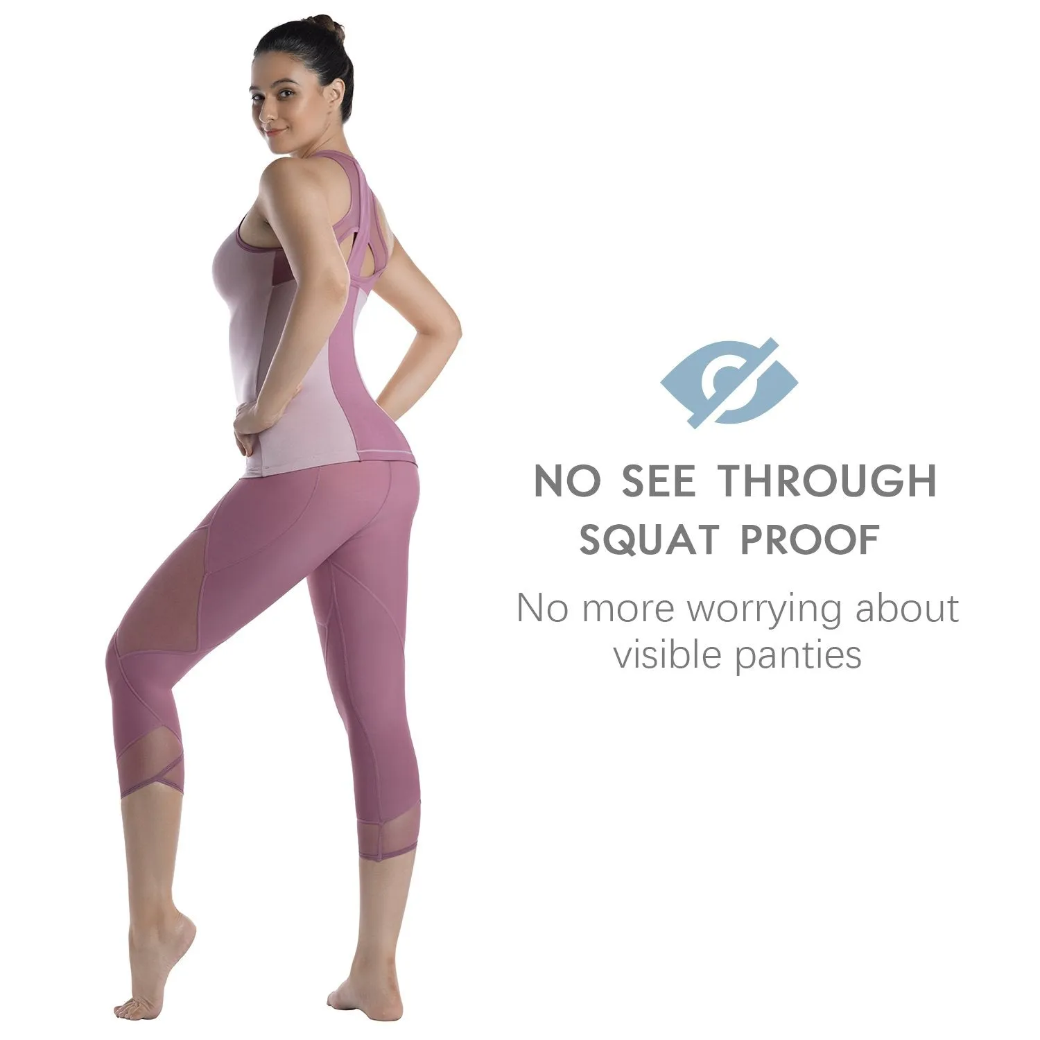 Womens Running Tights Mid-Waist 3/4 Length Tummy Control Mesh Leggings