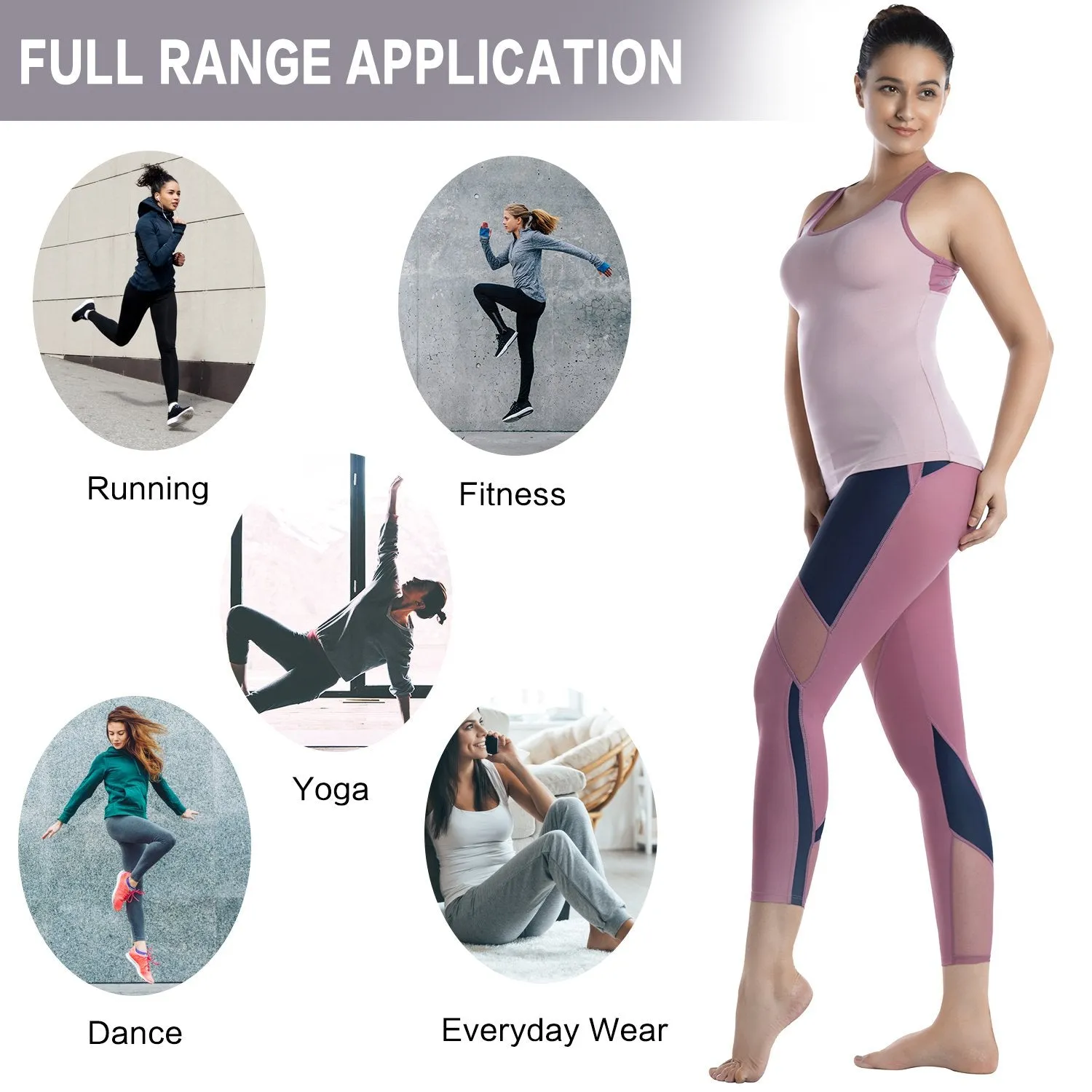 Womens Running Tights Mid-Waist 3/4 Length Tummy Control Mesh Leggings