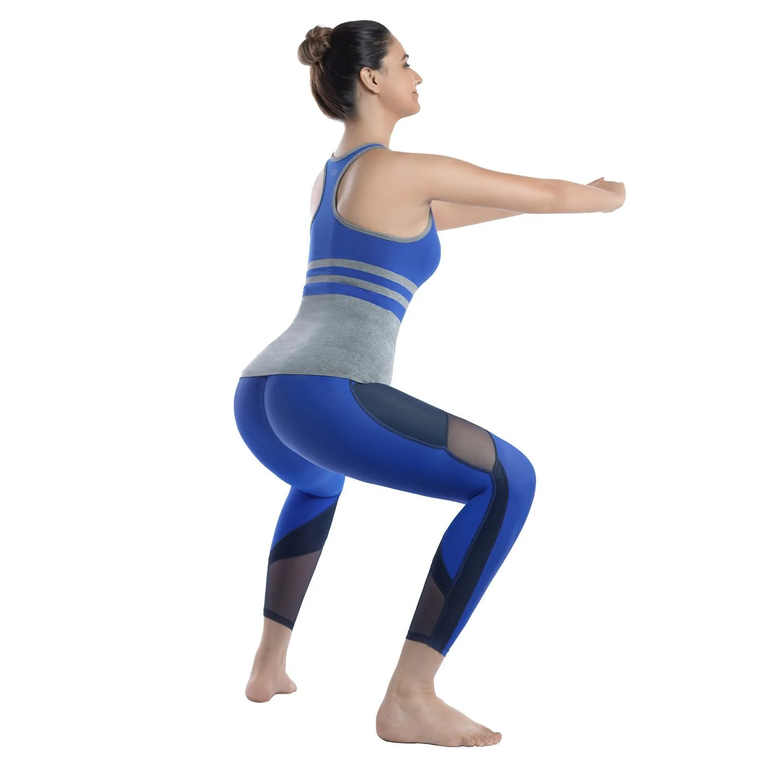 Womens Running Tights Mid-Waist 3/4 Length Tummy Control Mesh Leggings