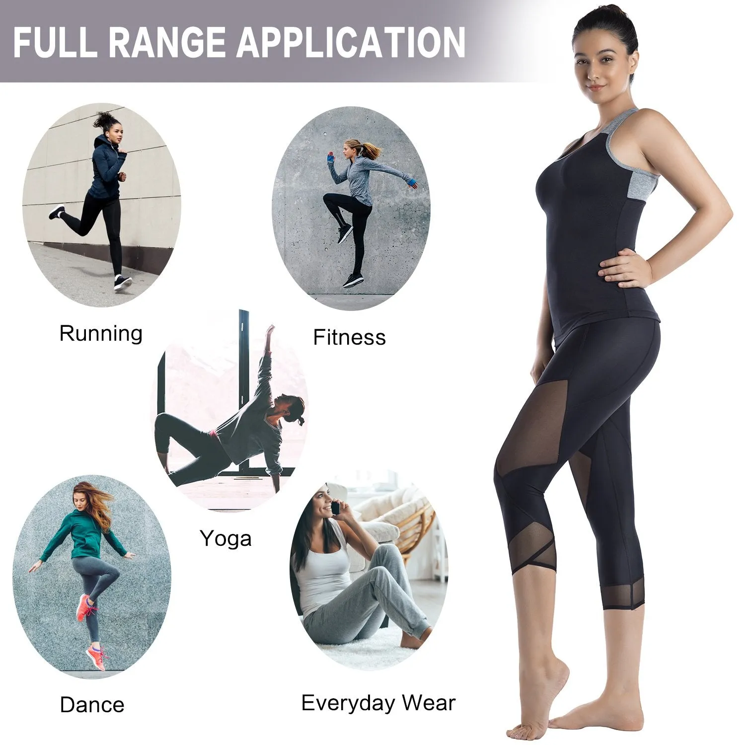 Womens Running Tights Mid-Waist 3/4 Length Tummy Control Mesh Leggings