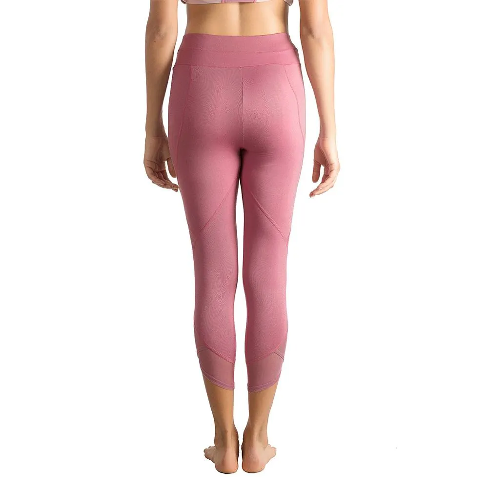 Womens Running Tights Mid-Waist 3/4 Length Tummy Control Mesh Leggings