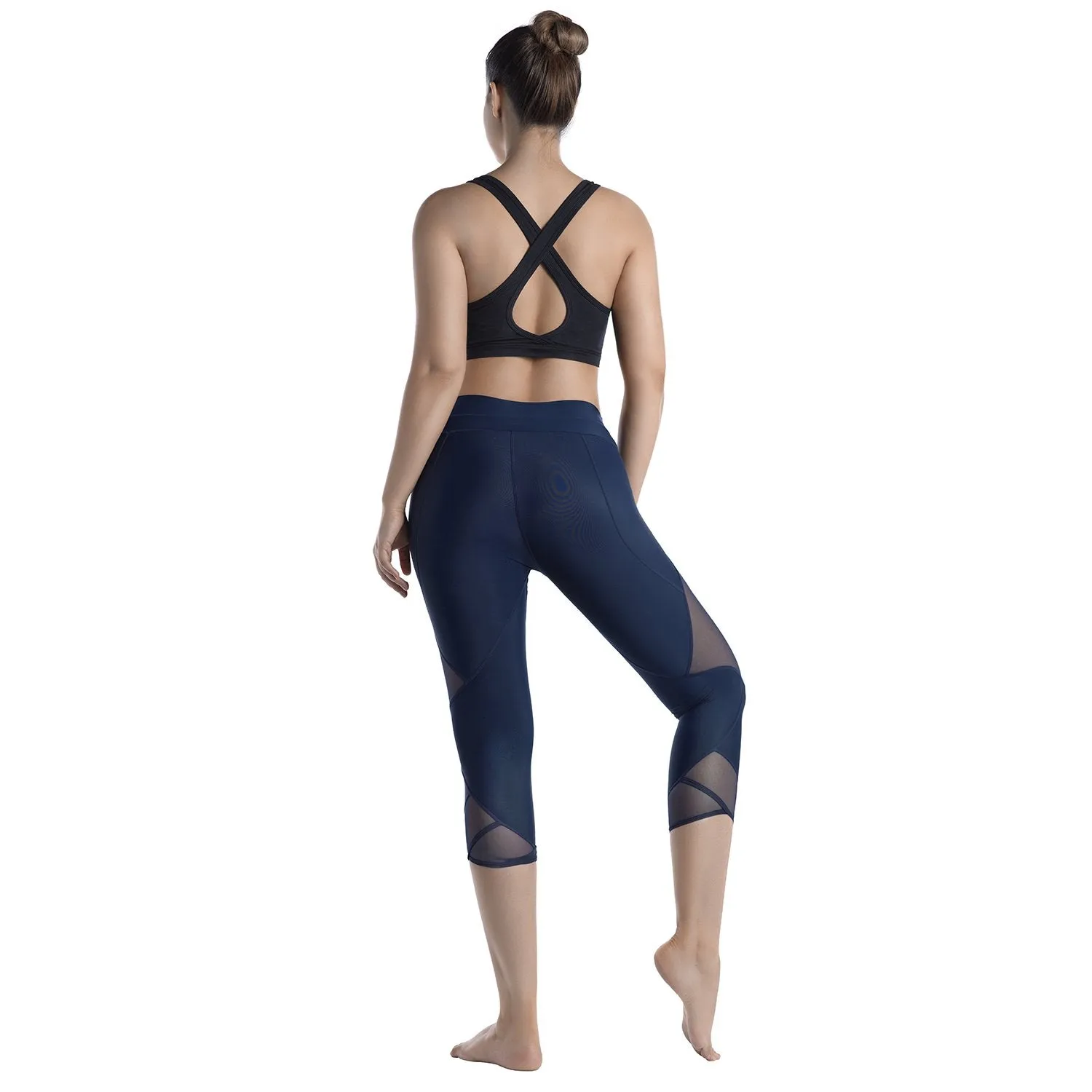 Womens Running Tights Mid-Waist 3/4 Length Tummy Control Mesh Leggings