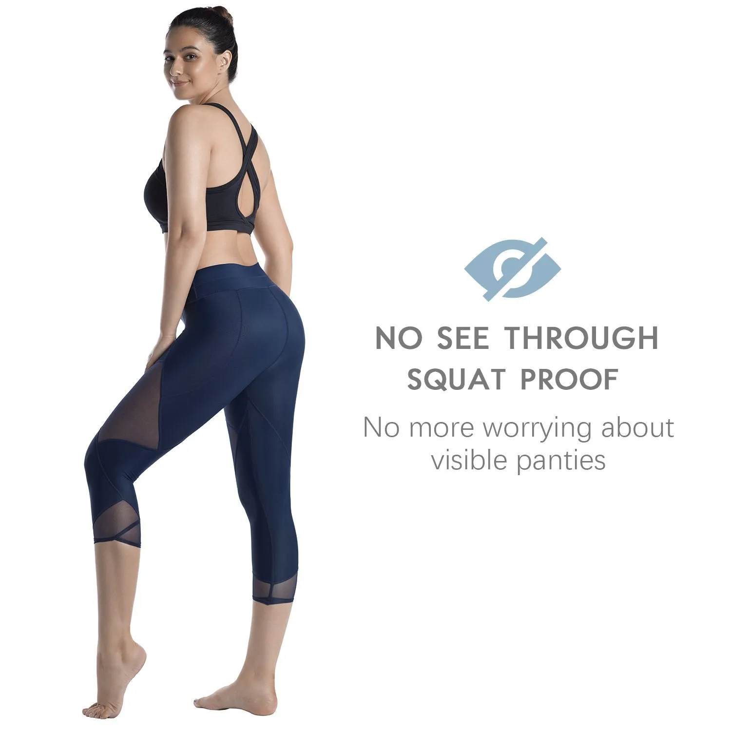 Womens Running Tights Mid-Waist 3/4 Length Tummy Control Mesh Leggings