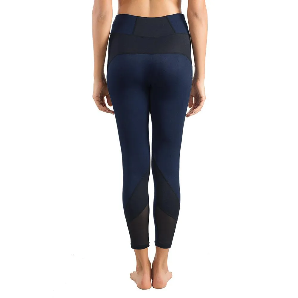 Womens Running Tights Mid-Waist 3/4 Length Tummy Control Mesh Leggings