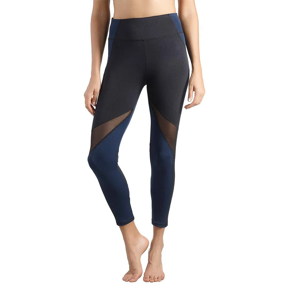 Womens Running Tights Mid-Waist 3/4 Length Tummy Control Mesh Leggings
