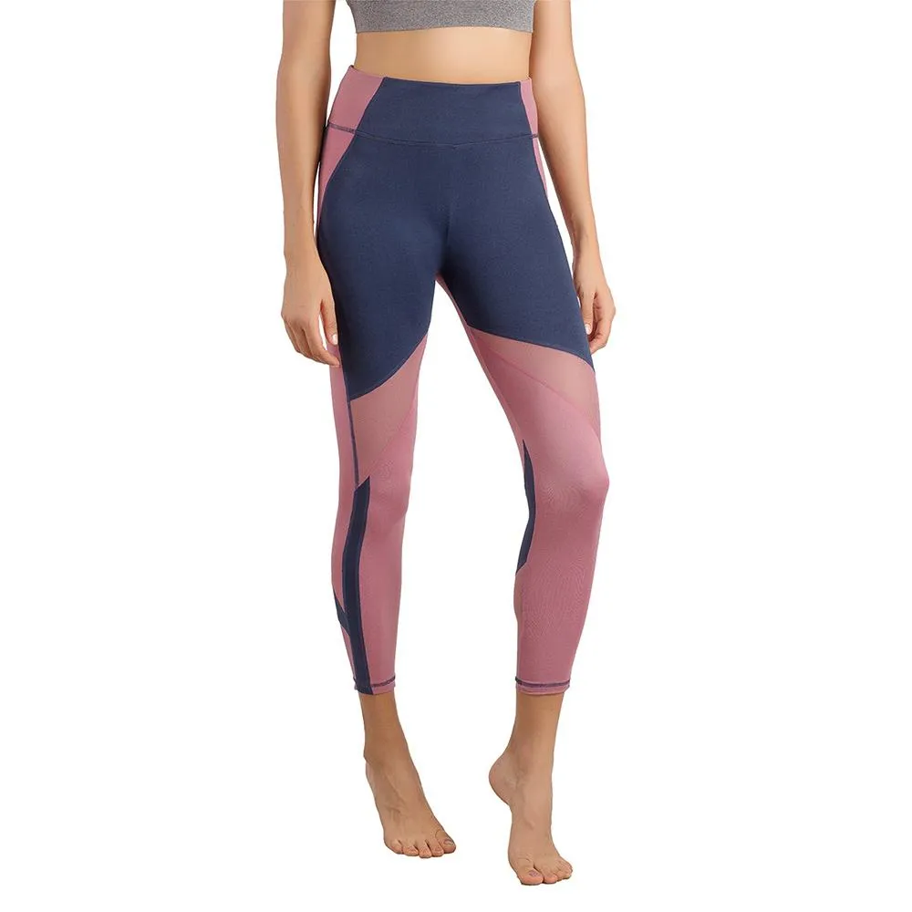 Womens Running Tights Mid-Waist 3/4 Length Tummy Control Mesh Leggings