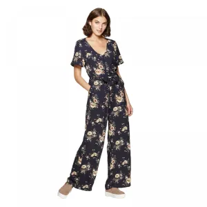Xhilaration Floral Print Short Sleeve V-Neck Button-Front Belted Jumpsuit