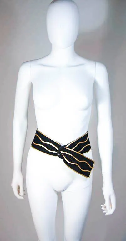 YVES SAINT LAURENT Black Suede Belt with Gold Applique